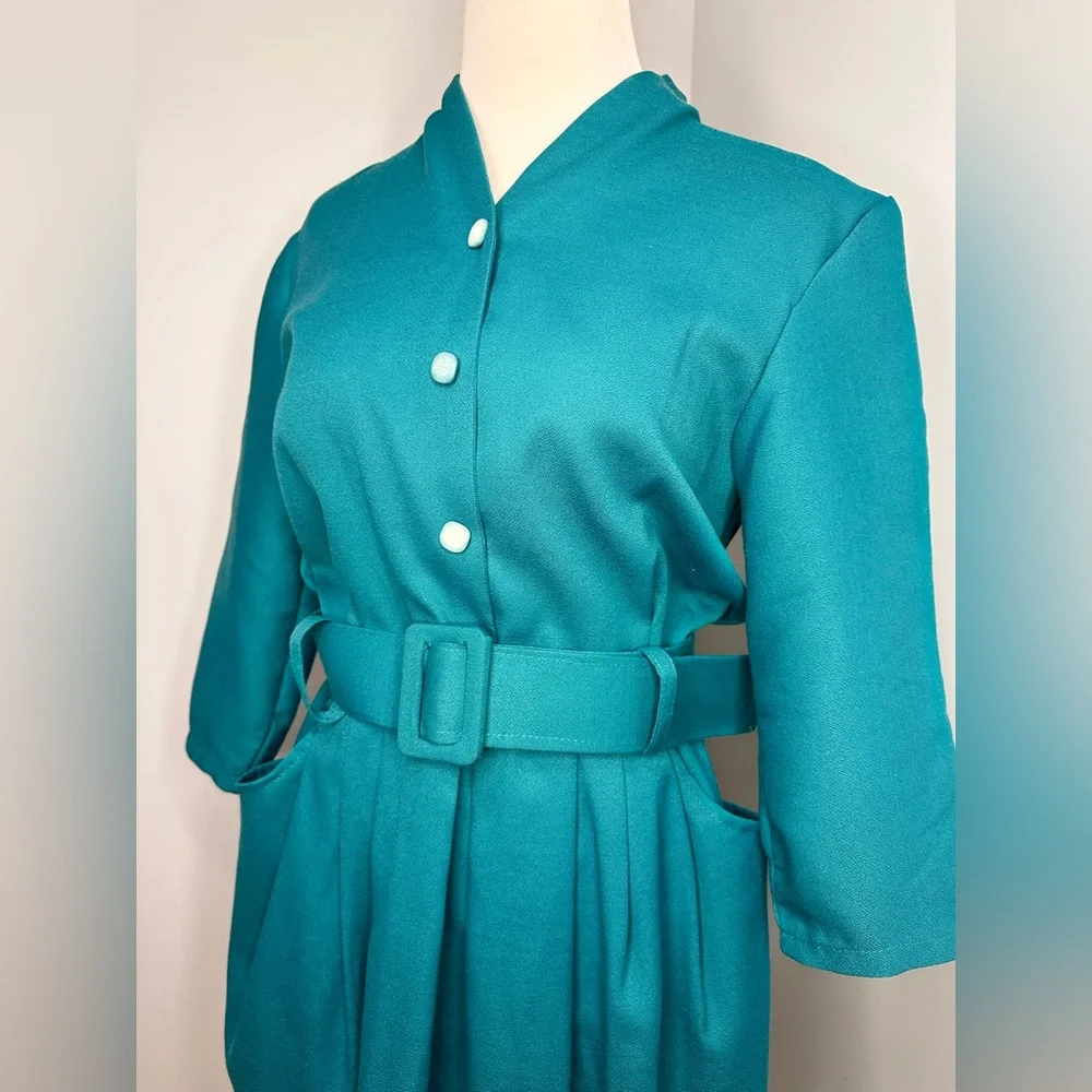 Vintage Teal Belted Midi Dress - Picture 4 of 12